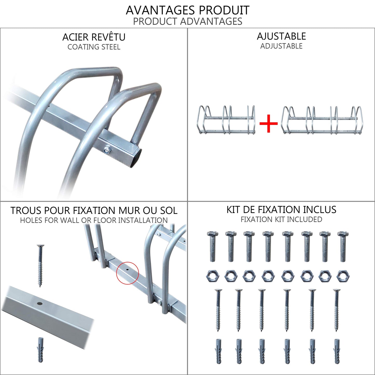 VOUNOT bike stand for 4 bikes, can be mounted on the floor or wall, multipurpose stand for multiple bikes, silver.