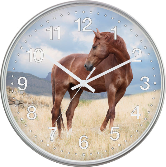 Eurotime quartz wall clock, 30 cm, silver plastic case, real glass cover, clear 12-number dial with horse motif, silent movement, no ticking, perfect for kids' room, 82713-07