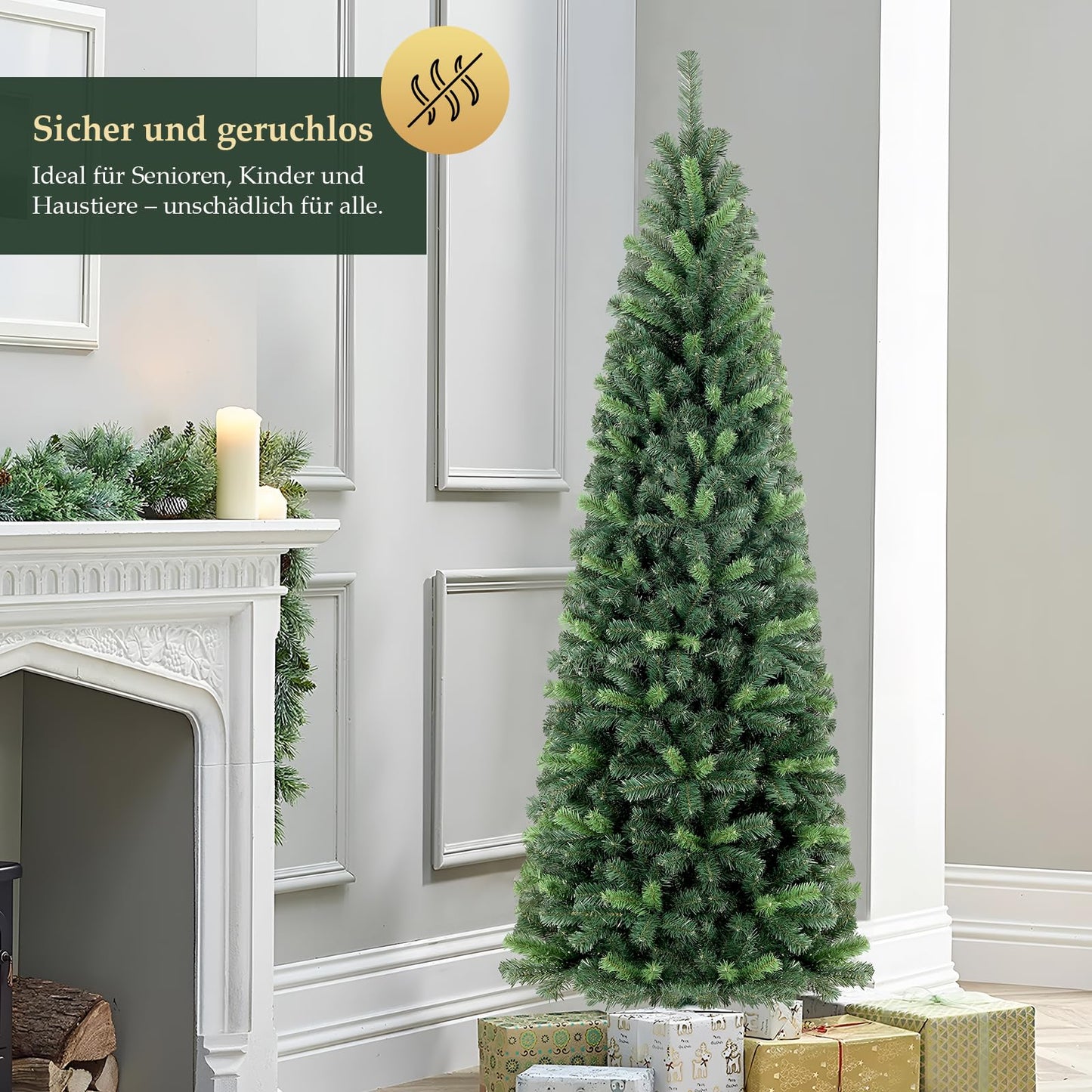 SALCAR Artificial Christmas Tree Slim 180 cm, Artificial Pine Tree with Gloves and Metal Stand, Pencil Christmas Tree PVC Green