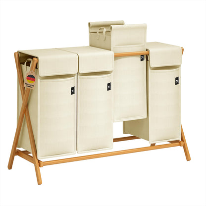 AdelDream 200L laundry basket with 4 compartments - Bamboo laundry collector & sorter, laundry sorting system, X-shaped laundry box, Beige