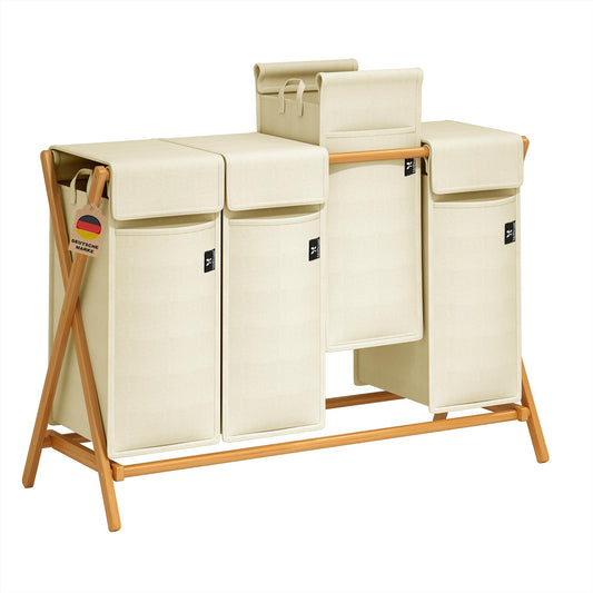 AdelDream 200L laundry basket with 4 compartments - Bamboo laundry collector & sorter, laundry sorting system, X-shaped laundry box, Beige