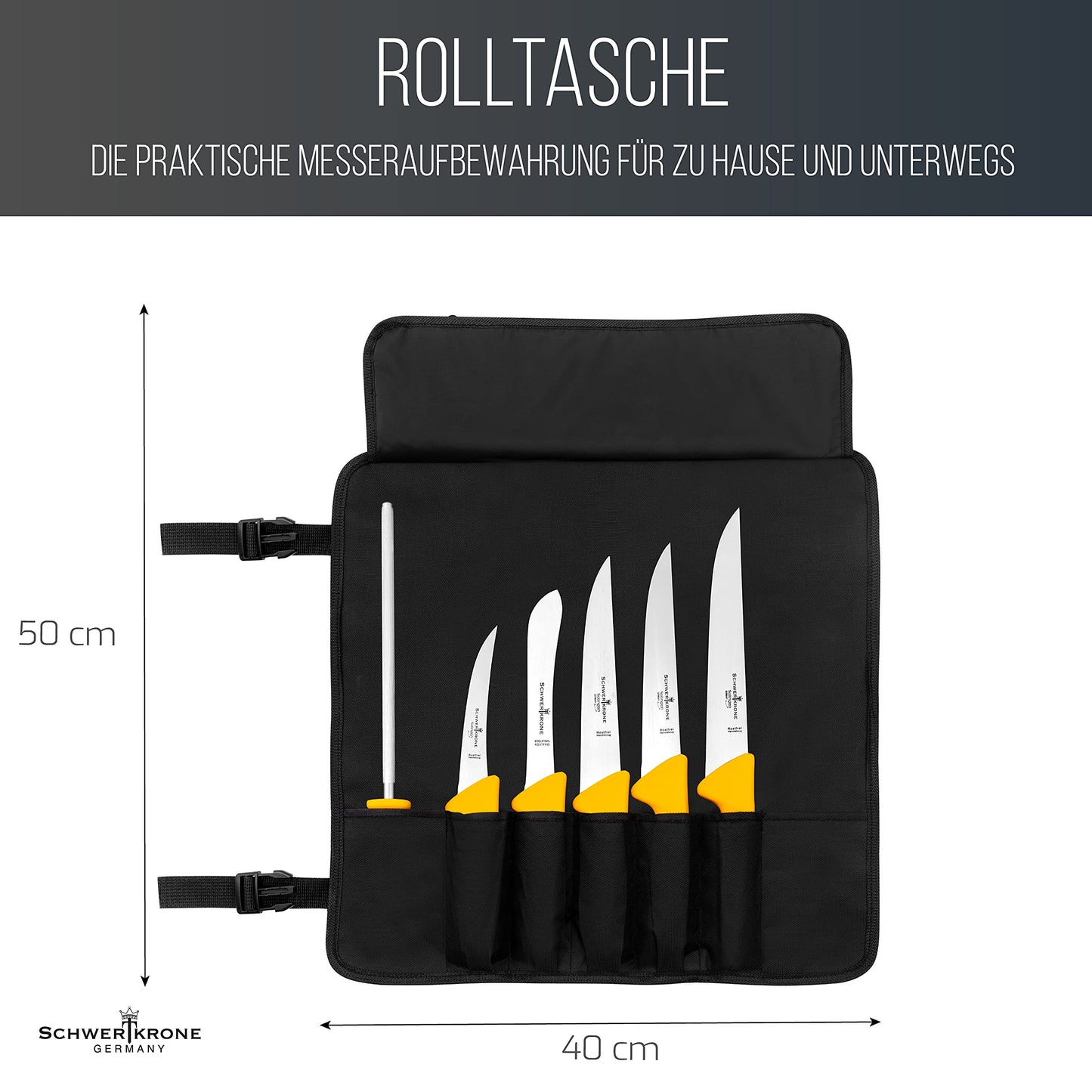 Sword Crown Knife Roll Bag for Butcher Knife Set with 6 Slots, Storage Bag for Knives, Kitchen Tools, Cooking Equipment, and Accessories, Black