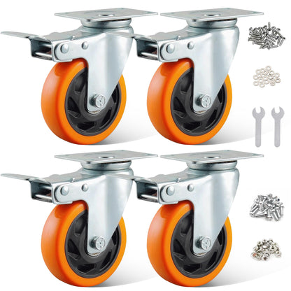BAOLIHUI 4-Pack Furniture Casters 100MM Casters with Brake 600KG Heavy Duty Casters Furniture Transport Rollers Workbench Tool Cart Pallets Orange