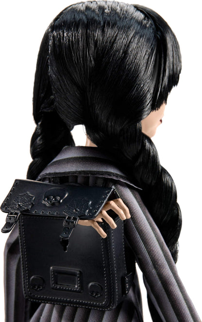 Monster High Wednesday doll and accessories, Wednesday Addams collectible figure in Nevermore Academy uniform with Ice Cold Hand and backpack, doll stand, HXJ04