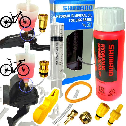 Shimano Hydraulic Mineral Oil 100ml + F26 Disc Brake Maintenance Service Kit for MTB Ebike Tour Road Bike Gravel Disc, including bleeding set, 3in1 bleed block, filling bottle funnel with M5 M7 M6 connection.