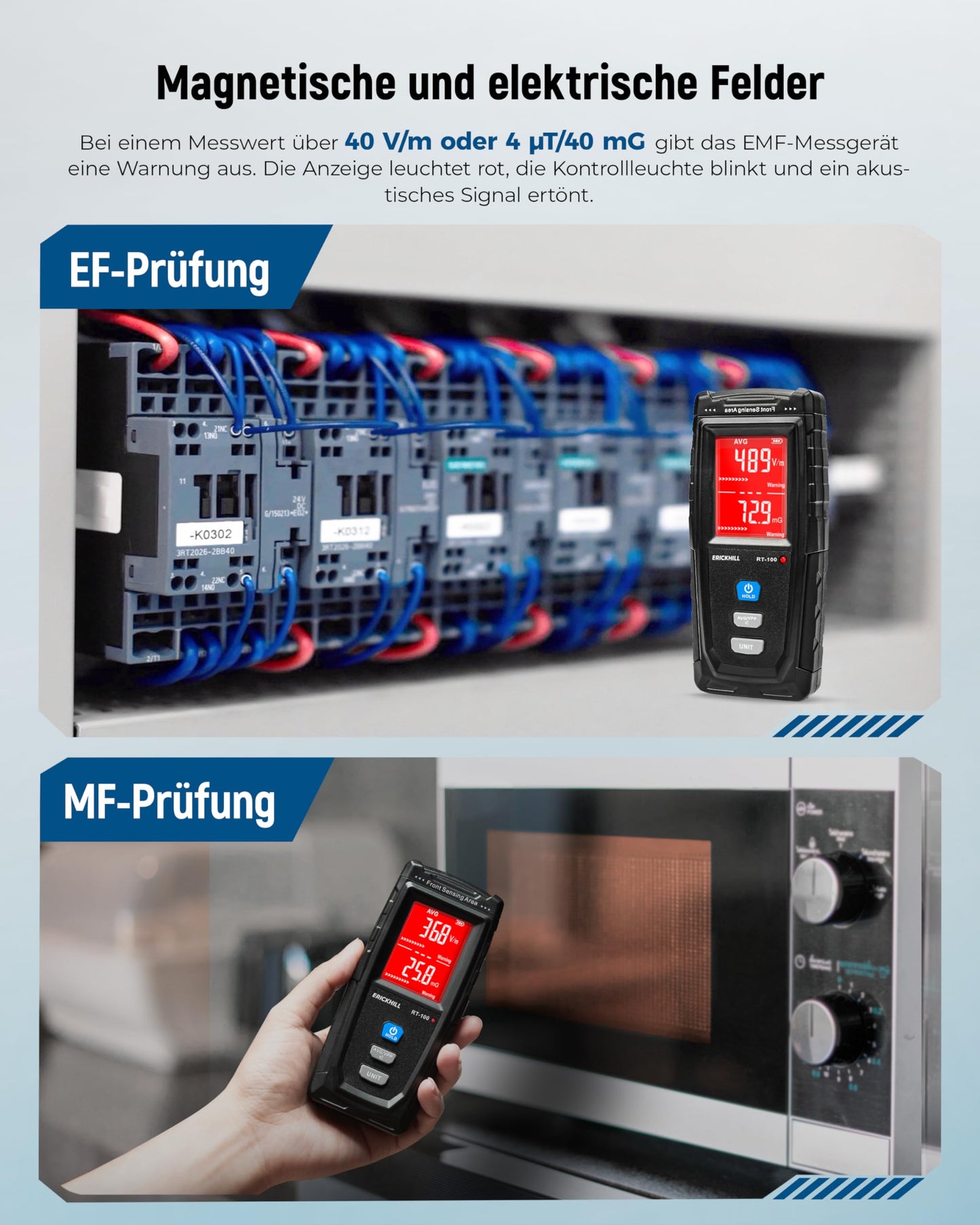 ERICKHILL EMF meter, rechargeable, electromagnetic radiation detector, handheld device, digital LCD EMF detector, great tester for home EMF inspections, office, outdoor, and ghost hunting.