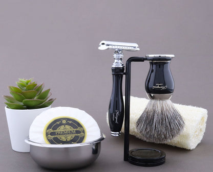 Haryali London 5-piece shaving set, double-edge razor, black badger brush, soap, bowl, stand, set as a gift.