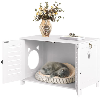 HOOBRO Cat Litter Box Cabinet, Wooden Cat Litter Box with Blinds Style Inside, Cute Cat Head Shaped Door Entry, 60 x 45 x 50 cm, White EWT60MW01