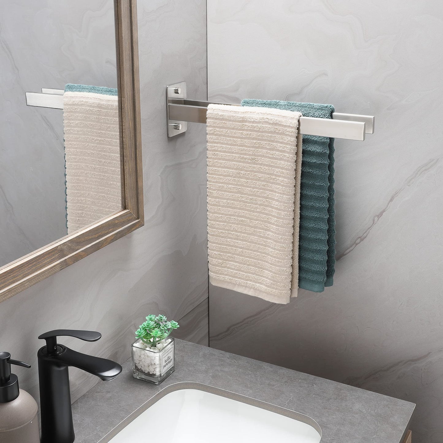 Dvocel Towel Rack Double Arm Towel Holder Wall Mounted for Bathroom and Kitchen 39CM 304 Stainless Steel Silver Towel Bar Drill Square Towel Rail