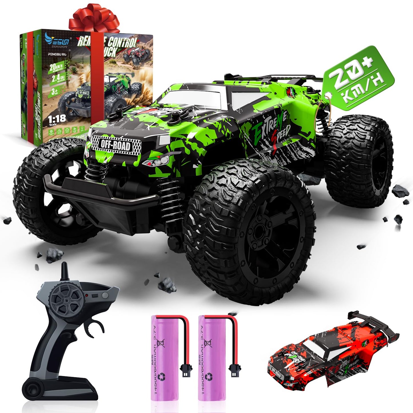 Remote-controlled car for ages 3 4 6 8 years, 1:18 Remote-controlled monster truck with body light/double shell. RC car for ages 3 4 6 8 years. Perfect gifts for boys and girls.