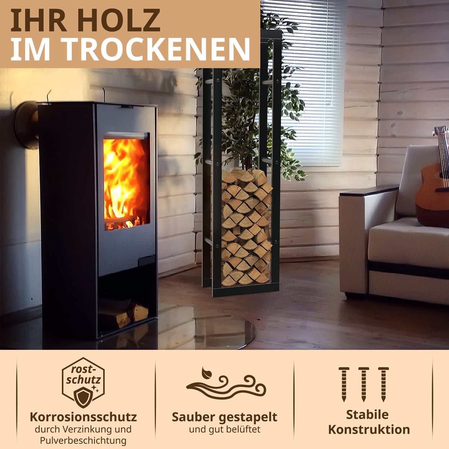 LAWA Living and Lifestyle Metal Firewood Rack GALVANIZED 40x25x150 Indoor Firewood Storage Outdoor Firewood Holder Living Room Fireplace Rack Wood Storage Black