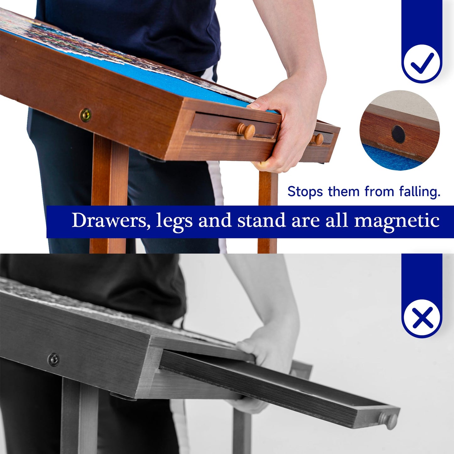 Tektalk puzzle table with foldable legs & tiltable stand, puzzle board with PP cover & 6 colorful drawers, suitable for 1500, 1000, 500 puzzle pieces.