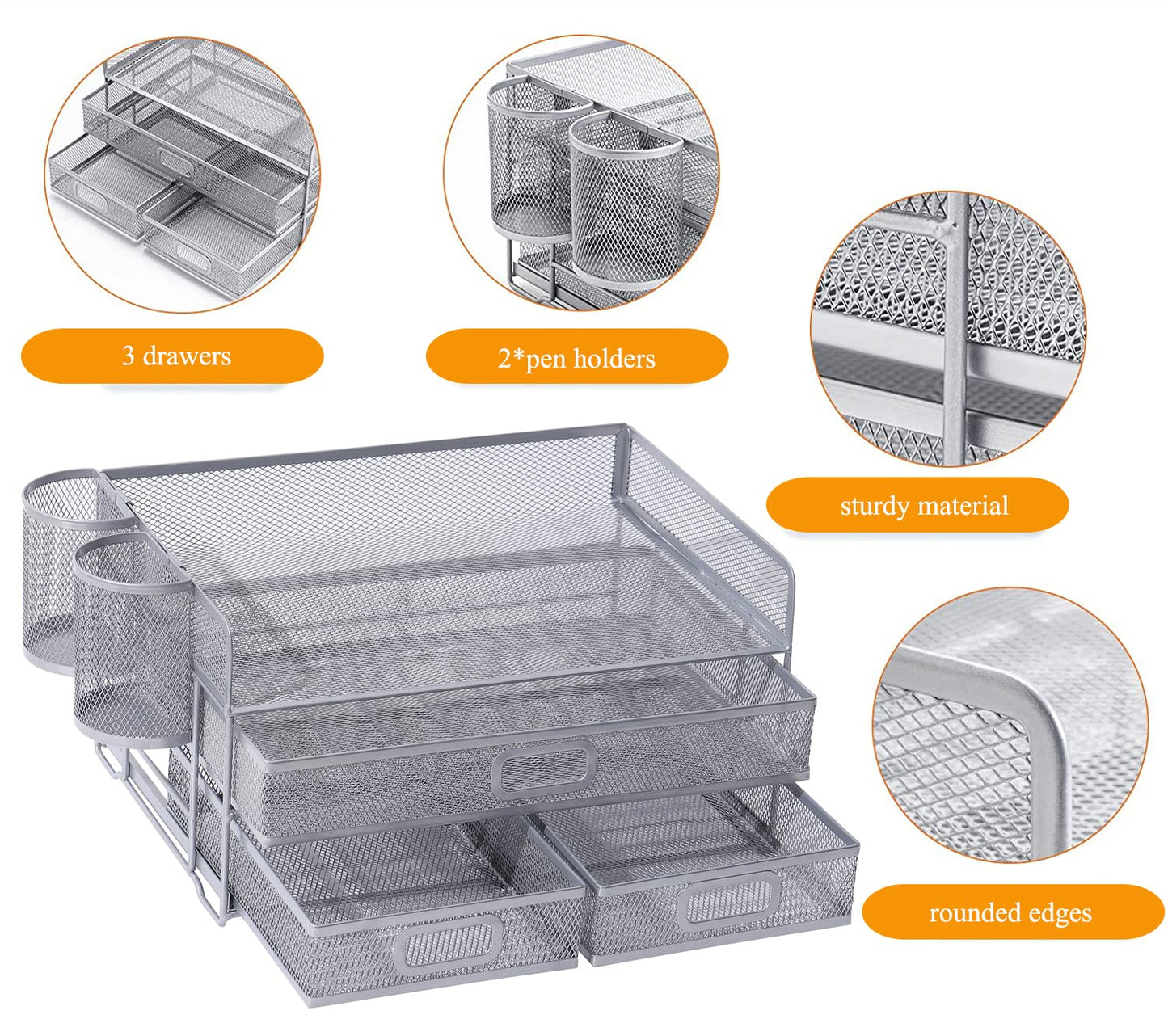 Vikmyer 3-Tray Desktop Organizer with Drawer, Mesh Office Desk Supplies Organizer Document Letter Tray Holder for Office Home (2 Pen Holders) Silver-3 Drawers