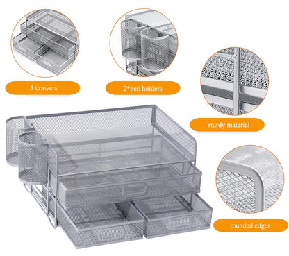 Vikmyer 3-Tray Desktop Organizer with Drawer, Mesh Office Desk Supplies Organizer Document Letter Tray Holder for Office Home (2 Pen Holders) Silver-3 Drawers