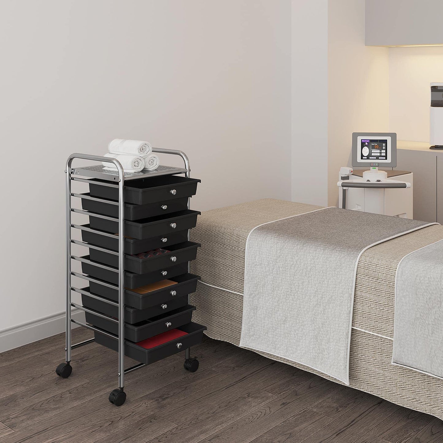 Yaheetech bathroom cart with 10 stackable drawers and metal frame. Bathroom trolley with shelves, 32×36.5×90.5 cm black.