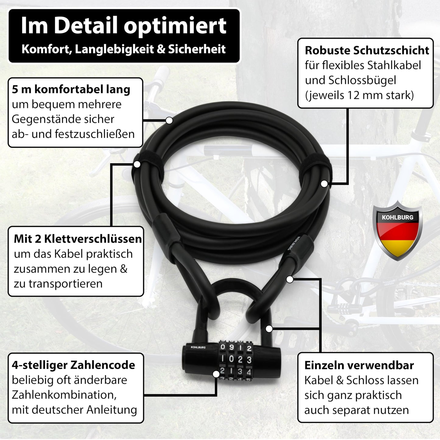 KOHLBURG Cable Lock 5 meters long with number combination - 500cm combination lock - Steel cable lock 5m coated - Steel cable 500 cm with code for bike garden furniture & bike lock.