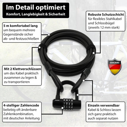 KOHLBURG Cable Lock 5 meters long with number combination - 500cm combination lock - Steel cable lock 5m coated - Steel cable 500 cm with code for bike garden furniture & bike lock.