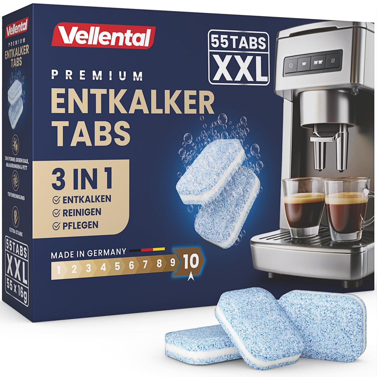 3-in-1 descaling tablets for coffee machines & coffee makers (55 pieces) - descaling tabs for Delonghi, Siemens EQ series, Jura, Krups, Bosch, Miele, Melitta, Krups, Tassimo, WMF.