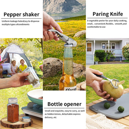 Mountain Country Camping Essentials, camping cookware set, camping gear equipment must-haves, come with camping cutlery sets, plates, and cups, perfect for outdoor cooking, picnic, grilling.