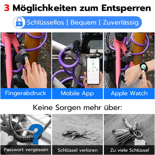 Anweller bike lock with fingerprint, 1.5m cable lock waterproof portable with bike lock holder, smart lock recordable with 20 fingerprints, anti-theft security made of 12mm steel wire.