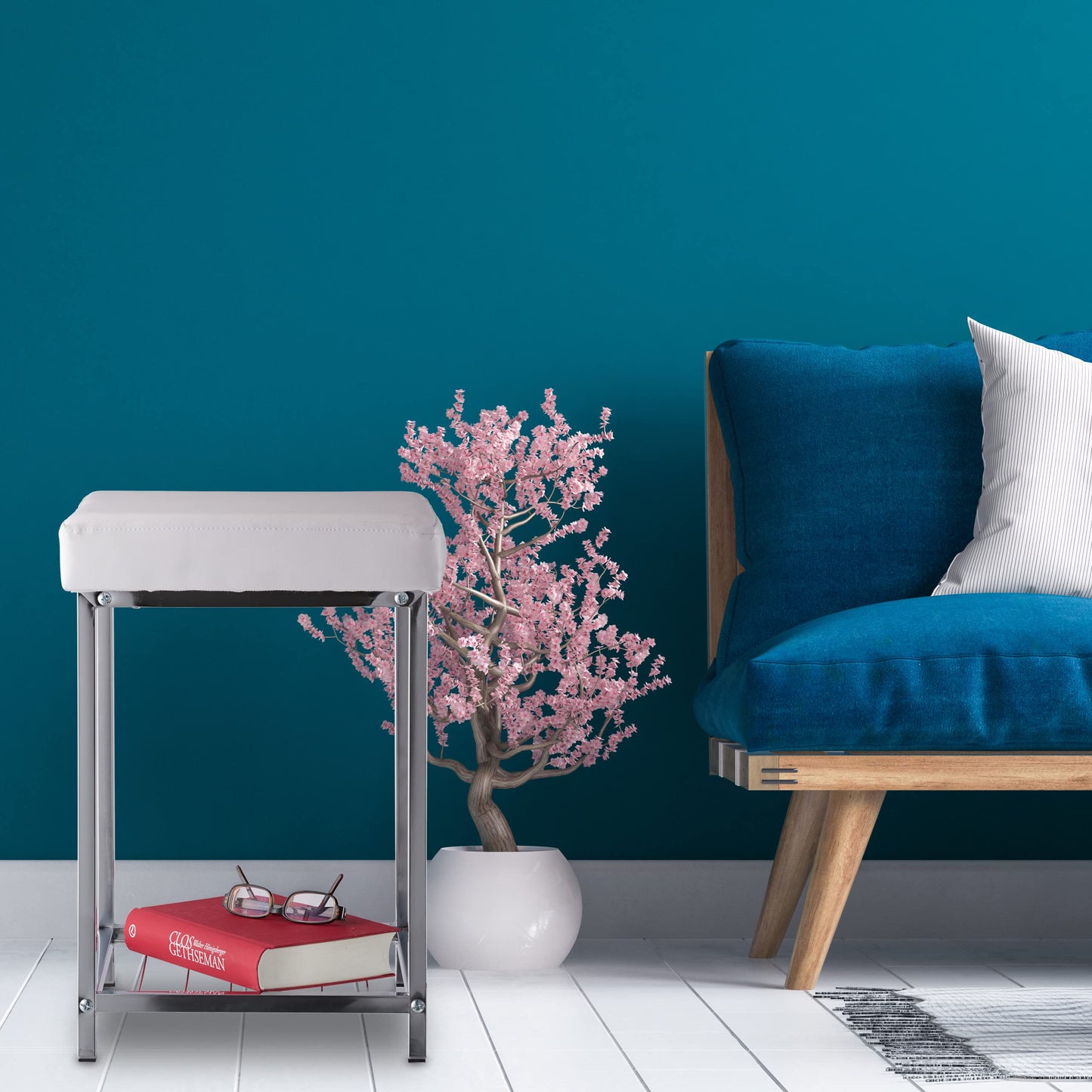 Relaxdays, white padded stool, small seat stool, square, padded stool with storage, bathroom stool, dimensions 47x33x33cm.