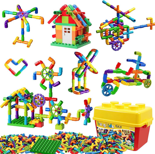 Burgkidz Pipe Tube Toys, 188 pieces of classic building blocks assembly toy with wheels and baseplate for kids. Perfect gift for boys and girls for creative learning education.