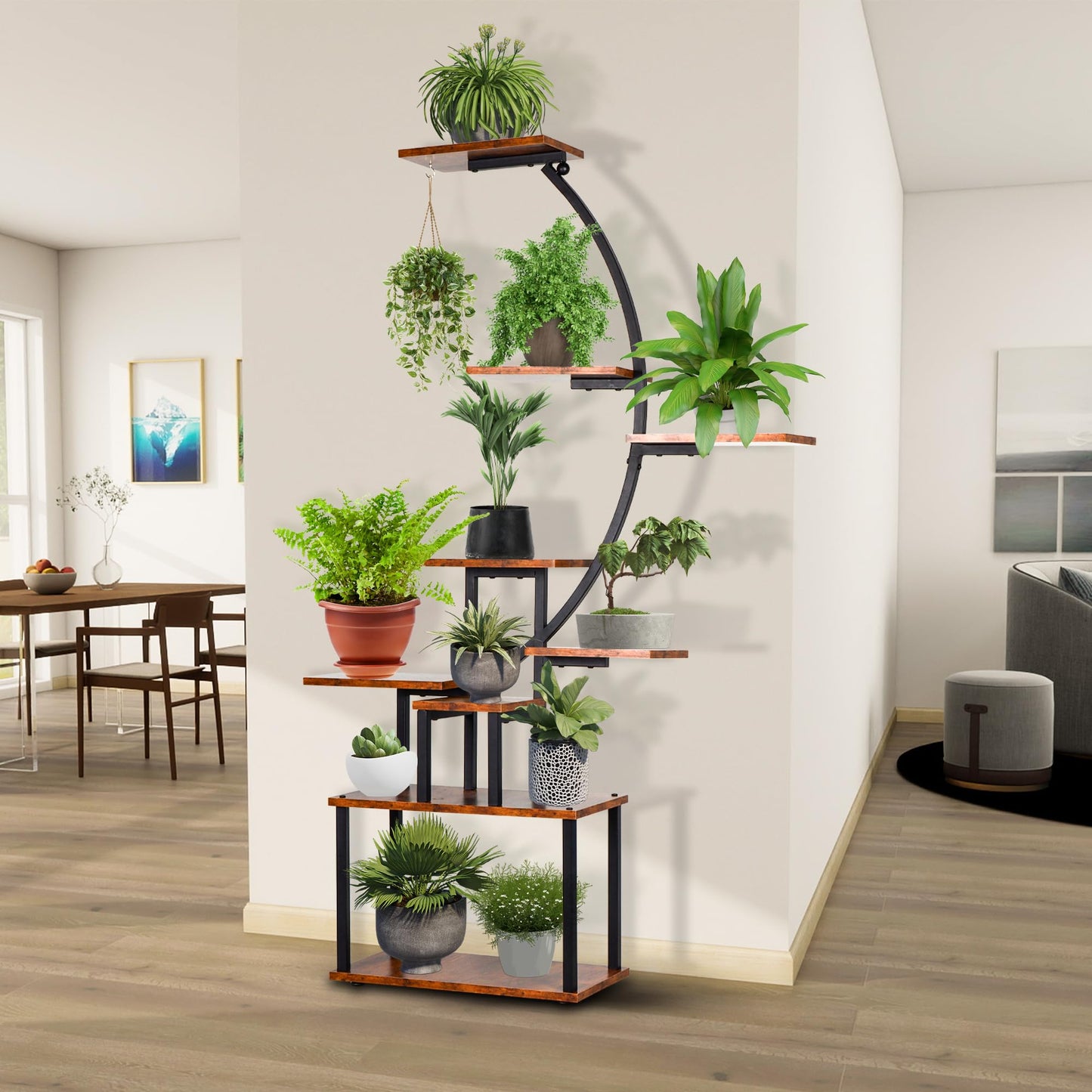 REAWOW Large Flower Stairs with Plant Lamp, 9-Tier Metal Plant Stand for Multiple Plants Wooden Plant Shelf for Indoor Plants, Living Room, Patio, Balcony