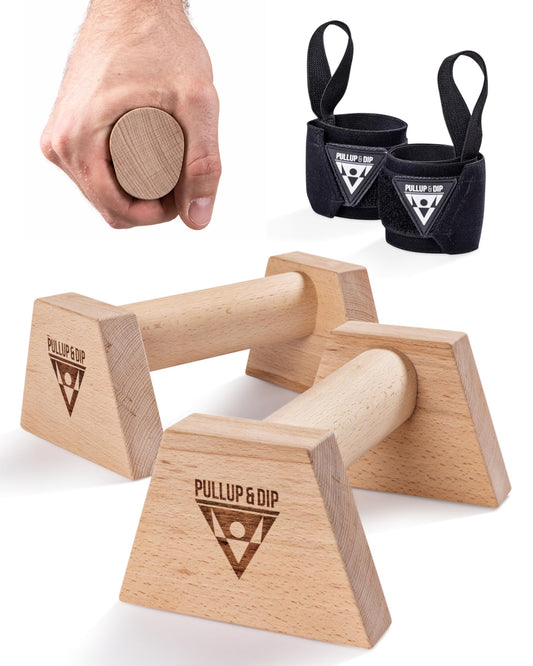 PULLUP & DIP wooden push-up handles with wrist wraps - Ergonomic handstand grips, non-slip push-up bars for calisthenics, fitness, and upper body training.