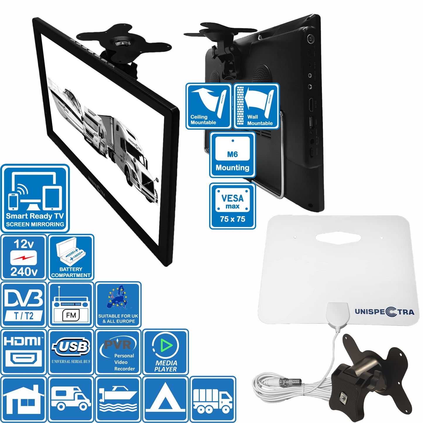 Unispectra® 14" TV 12V / 230V HD LED DVB-T/T2 (free to air) Screen mirroring technology USB PVR & Media player, HDMI. 12V TV for motorhomes, caravans, camping, trucks, boats, kitchen.