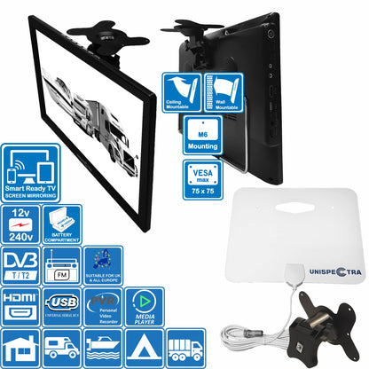Unispectra® 14" TV 12V / 230V HD LED DVB-T/T2 (free to air) Screen mirroring technology USB PVR & Media player, HDMI. 12V TV for motorhomes, caravans, camping, trucks, boats, kitchen.