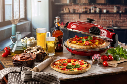 Ariete Pizza Oven 919, 4-minute pizza, 5 cooking levels, heat-resistant plate for reheating, wooden cutting board included, Max. temp 400°C, 1200W, Red.
