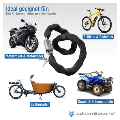 advanSecure® high-security chain lock with saddle bag | ideal for e-bikes | max. security level | 120 cm length, 10 mm chain links | hardened special steel