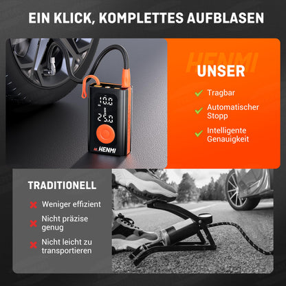 HENMI Electric Air Pump 7500mAh, Portable Mini Compressor with all valves 10.3 Bar, Electric Bicycle Pump with Digital Display Gauge for Bicycle, E-Bike, Car, Motorcycle, Balls.