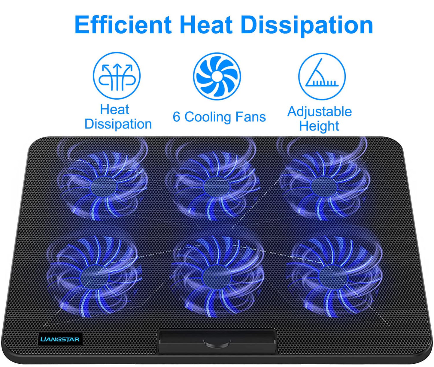 LIANGSTAR Cooler, 6 Quiet Fans Gaming Cooler Cooling Pads, 7 Adjustable Heights & Phone Stand, 2 USB Ports & Adjustable Speed, Laptop Fan for Notebook Up to 17 Inches (Blue)