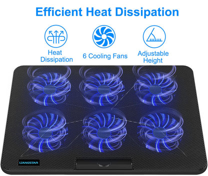 LIANGSTAR Cooler, 6 Quiet Fans Gaming Cooler Cooling Pads, 7 Adjustable Heights & Phone Stand, 2 USB Ports & Adjustable Speed, Laptop Fan for Notebook Up to 17 Inches (Blue)