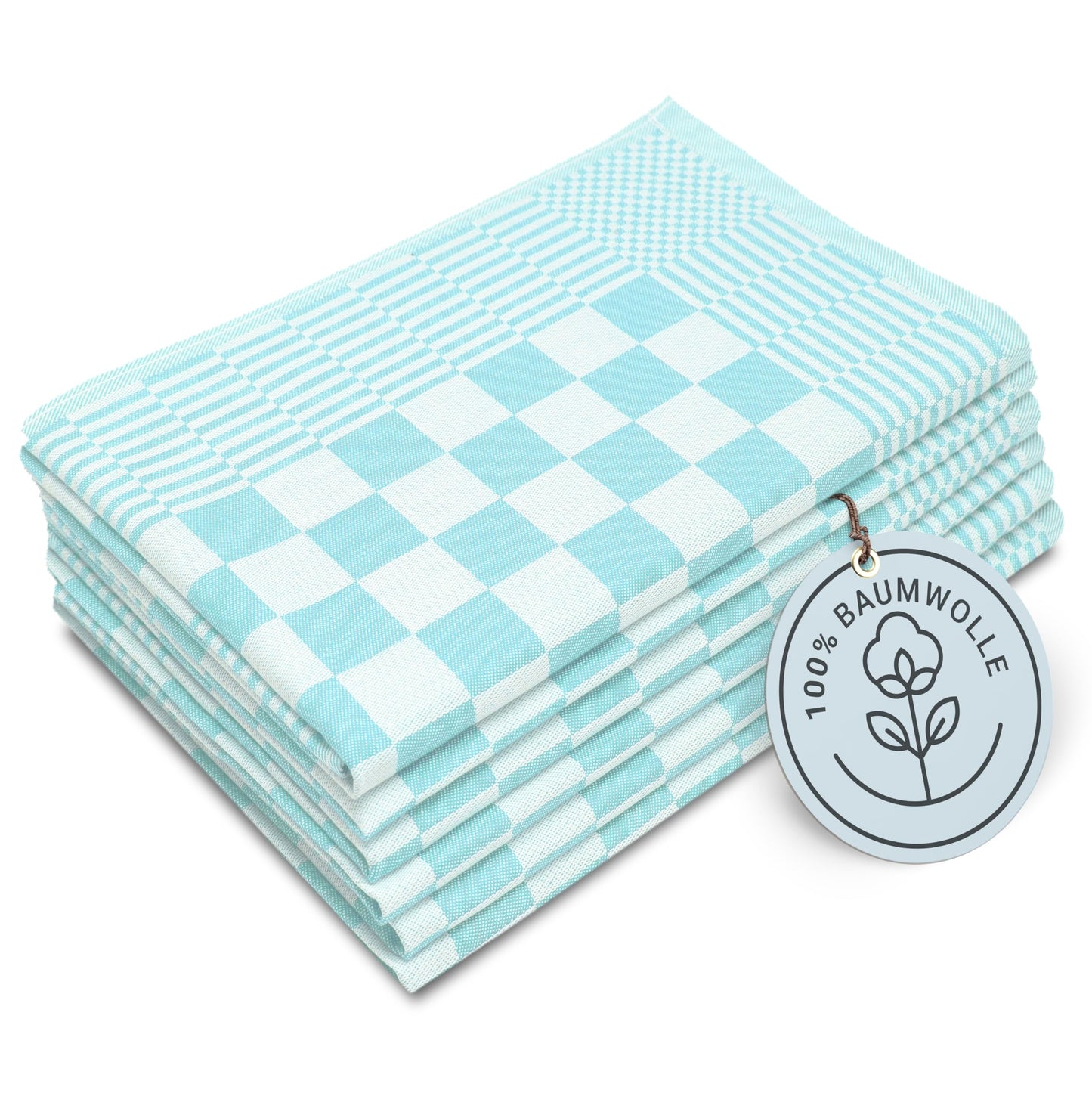 ZOLLNER 6 piece set of cotton kitchen towels, 65x65 cm - highly absorbent and durable - washable up to 60°C - mint checkered pattern - gastronomy quality - Oeko Tex® certified