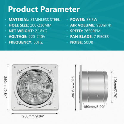 HG Power 200mm Exhaust Fan 980m³/h Bathroom Ventilator Quiet with Backdraft Damper Powerful Wall Fan with EU Plug for Kitchen Bathroom Garage Basement, Silver