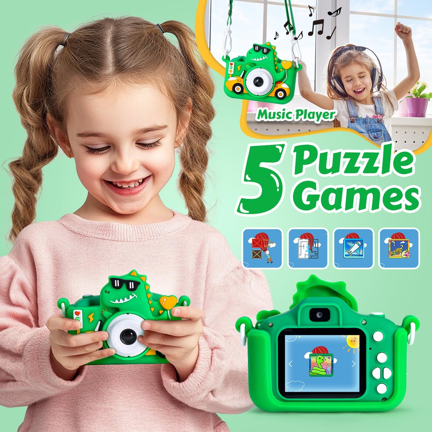 Pllieay Kids Camera Digital Camera with 32GB Card, 1080P HD, 5 Games, Dual Lens Children's Camera for Kids 3+ years.