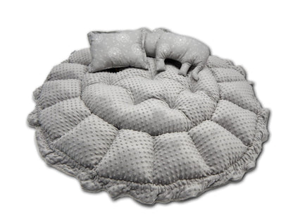 LOOLAY Babynest 3in1 XXL – Baby nest, play mat, and travel bed 90/155cm - Handmade from cotton with ruffles - Perfect for twins (Dandelion Grey/Minky Grey)