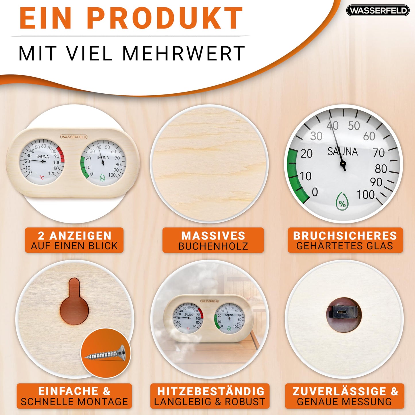 WASSERFELD® Sauna Thermometer Hygrometer [2in1 Function] Precise sauna thermometer for accurate temperature & humidity measurement - Sauna hygrometer with tempered glass - Sauna accessory...