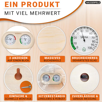 WASSERFELD® Sauna Thermometer Hygrometer [2in1 Function] Precise sauna thermometer for accurate temperature & humidity measurement - Sauna hygrometer with tempered glass - Sauna accessory...