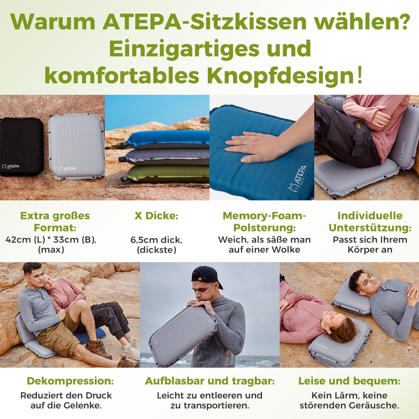 ATEPA Inflatable Outdoor Seat Cushion Chair Ultra-Light Self-Inflating Stadium Seat Cushion Bench Waterproof Seat Pad Outdoor Kayak Seat Cushion Floor, Portable Seat Cushion, Fishing Boat