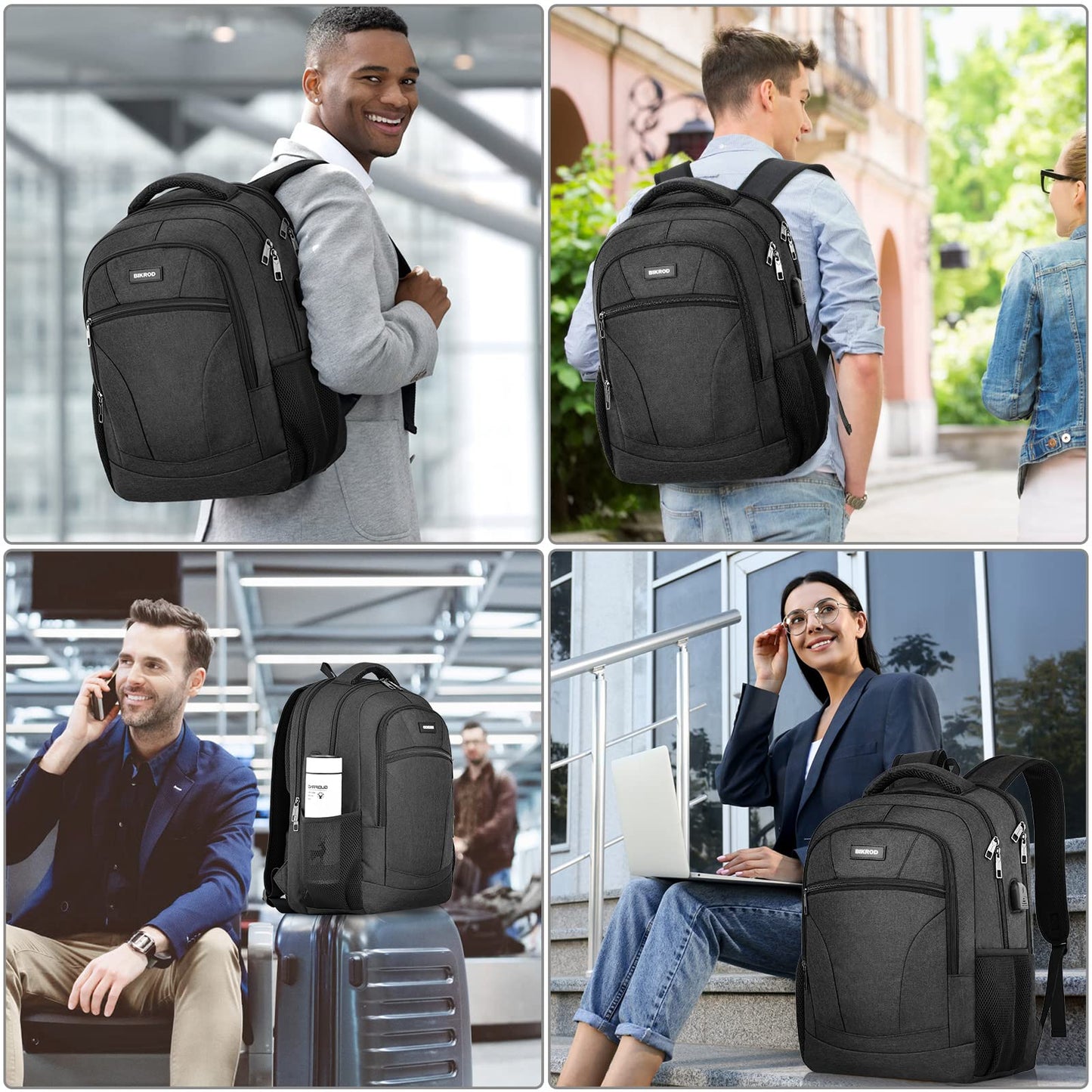 BIKROD backpack for men, school backpack for teenage boys, 15.6 inch laptop work daypack with USB charging port for business, hiking, travel, camping school bag, black