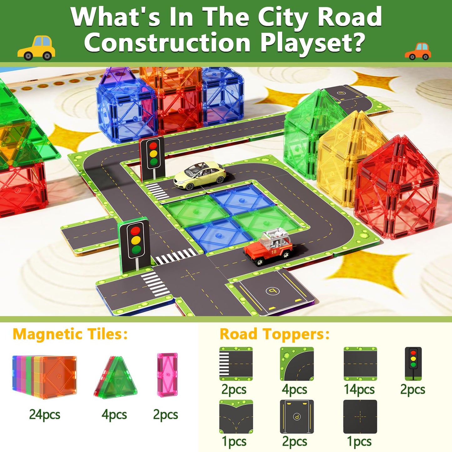 Soyee 56 Magnetic Building Blocks Road Toppers Children's Toy for 3 year old Boys Girls Magnetic Tiles Preschool Learning Activities Gift for Toddlers Children Ages 3 4 5 6