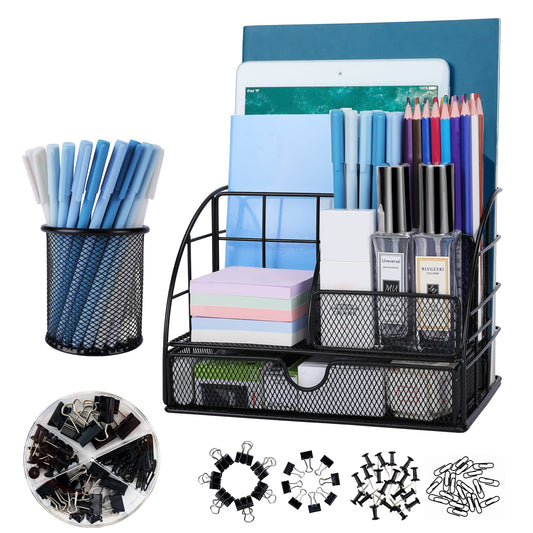Casavibe updated desk organizer and accessories, multifunctional mesh desk organizer with 6 compartments + pen holder, 72 accessories, office supply organizer with drawer, for office.
