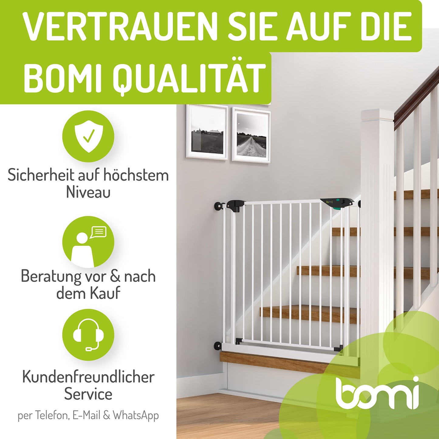 BOMI extra tall Baby Safety Gate Mira | No Drilling | Metal White Safety Gate Door for Childproofing | Sturdy Baby Safety Gate for Stairs | Stair Door Gate | Width: 93-101 cm