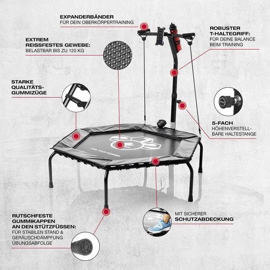 FitEngine Fitness Trampoline Smart + Heart Rate Monitor Set | Trampoline with 5-level adjustable handle | Pulse measurement during endurance & cardio training with Bluetooth function