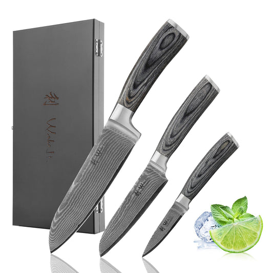 Wakoli Edis Damascus Knife Set 3-piece I Santoku Knife large and small plus Vegetable Knife Utility Knife made of 67 layers of Damascus steel with VG10 core 60±2 HRC I Pakka wood handle I Kitchen knife set in wooden box