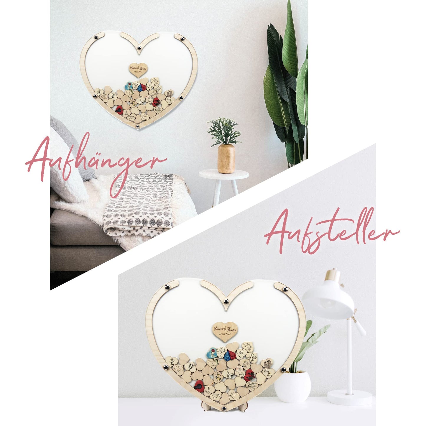 "Wooden heart guest book personalized 50x42x1.5cm | includes 100 hearts for writing | Wedding guest book with acrylic glass | The unique eye-catcher Made in Germany!"