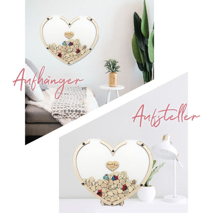 "Wooden heart guest book personalized 50x42x1.5cm | includes 100 hearts for writing | Wedding guest book with acrylic glass | The unique eye-catcher Made in Germany!"